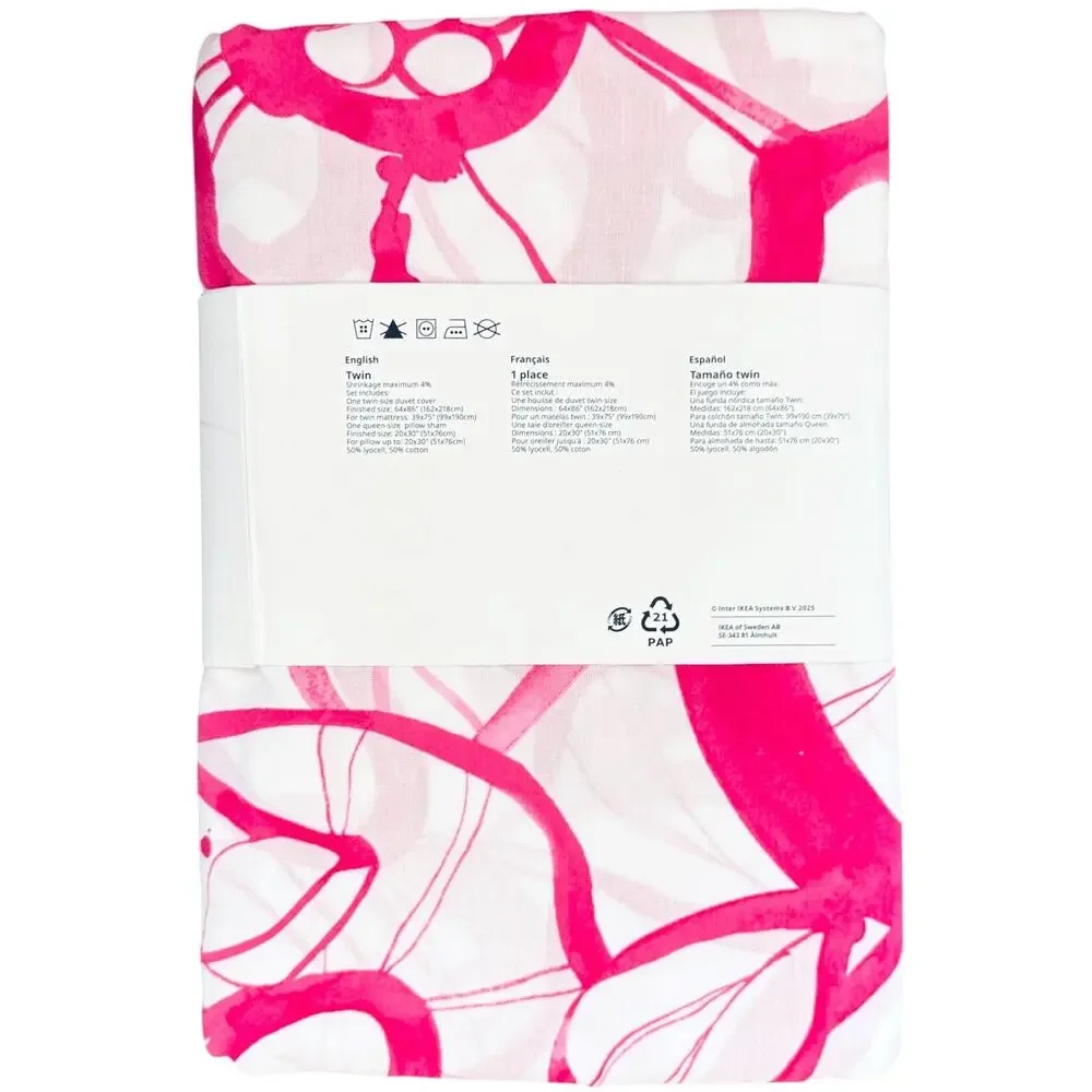 IKEA HARLIR Bright Pink Floral Pattern Twin Duvet Cover & Pillowcase